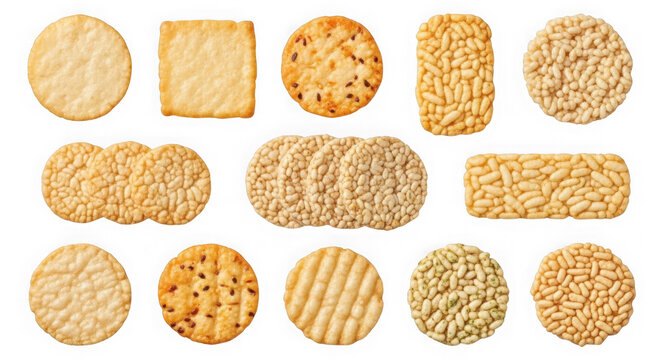 Assortment of rice crackers and puffed rice snacks as transparent cutout