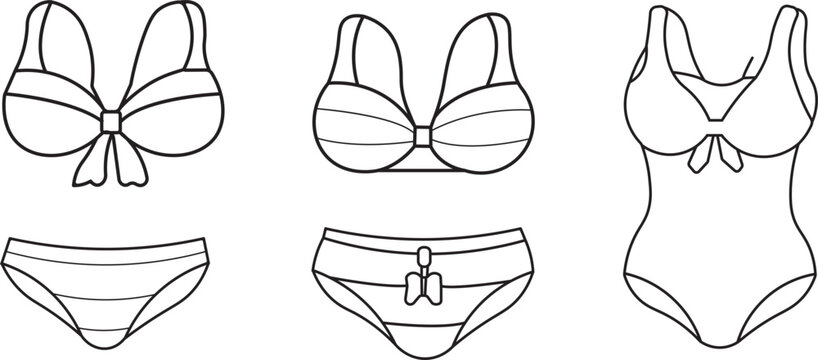 Line art illustration of three different bikini tops and three matching bikini bottoms