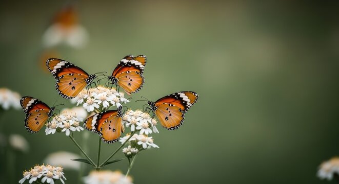 A delicate gathering painted lady butterflies resting on white clover blossoms in a meadow