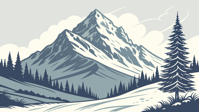 Snow Covered Mountain Peak Vector Illustration Realistic Flat Landscape with Winter Nature Background