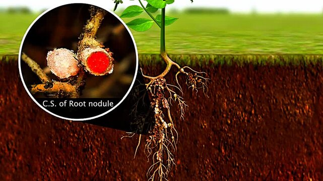 3D animation showing nitrogenase enzyme activity converting nitrogen into ammonia in root nodules.