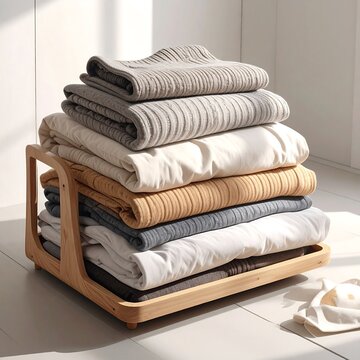 A neat wooden tray-like holder supports a stack of folded, neutral-colored blankets and sheets of various textures. One corner is slightly off