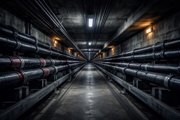 Fototapeta premium Industrial underground pipe tunnel perspective with repeating metal pipelines and concrete walls
