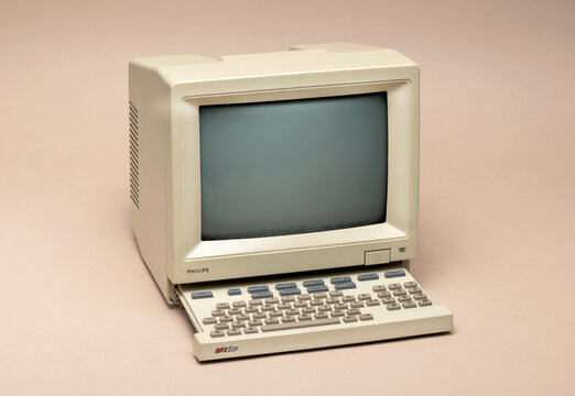 Retro Philips SIP Videotel Computer Terminal with CRT Screen and Slide-Out Keyboard, 1985