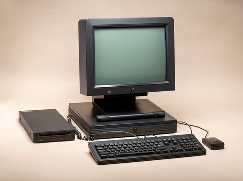 Vintage NeXT Computer Workstation by Steve Jobs with Black CRT Monitor and Keyboard, 1990