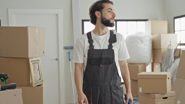 Man in work overalls and apron holding paint roller and brush among packed moving boxes in a building; optimism fresh start.