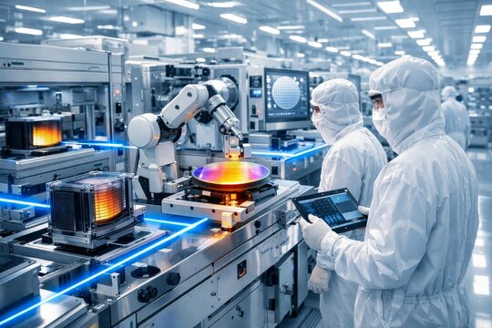 Semiconductor cleanroom engineers monitoring robotic wafer handling and automated manufacturing systems in high-tech semiconductor fab