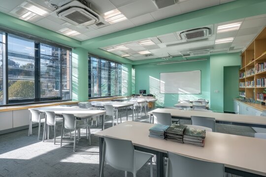 Bright, modern classroom with desks, chairs, windows, and bookshelves