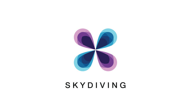 Abstract skydiving logo design featuring colorful overlapping teardrop shapes forming a flower pattern on a white background.