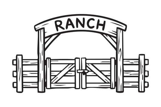 Wooden ranch gate with archway, handdrawn black and white illustration showing rustic fence and sign, sturdy posts and horizontal rails, bold western lettering reading RANCH, evokes country charm