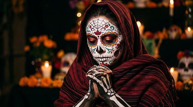 Woman with traditional day of dead skull face paint and skeletal hands praying at altar with orange marigold flowers and burning candles