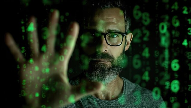 Man's hand reaches through digital code, contemplating technology