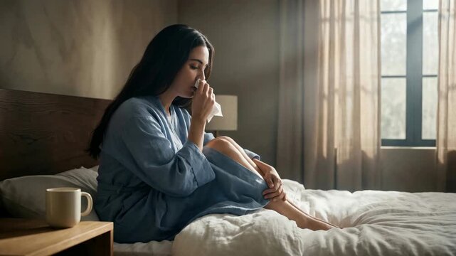 Slow motion footage of a sick young woman sitting in bed blowing her nose with a tissue feeling unwell while suffering from cold flu or seasonal allergies in a sunlit bedroom.