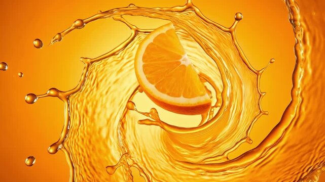 Slow motion video of a fresh orange fruit slice rotating inside a golden liquid splash and citrus juice swirl on a vibrant orange background with high speed water droplets.