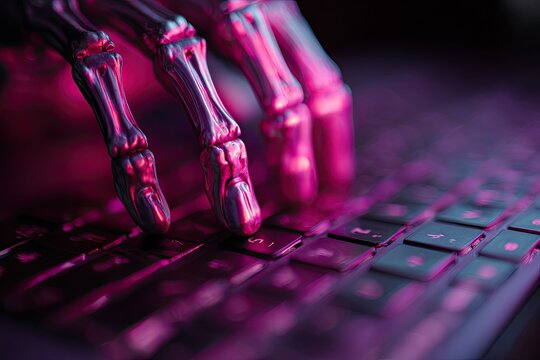 Metallic skeleton hand typing on a keyboard with purple lighting
