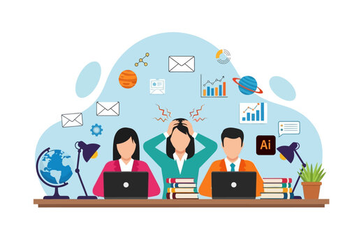 Stressed Office Employees with Overwhelmed Woman at Desk with Laptops, Burnout and Information Overload Concept Flat Vector Illustration
