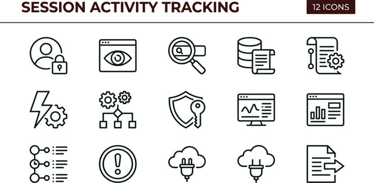 Session activity tracking outline cybersecurity icon set illustrating user behavior analytics monitoring dashboards database logging alert detection and cloud telemetry workflows