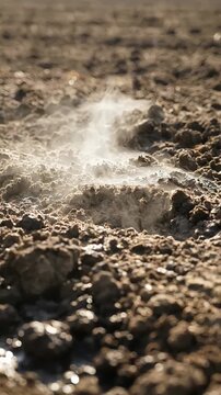 Rapid evaporation and steam vapor rising from moist clumpy dark brown soil under harsh searing sunlight on natural earth ground