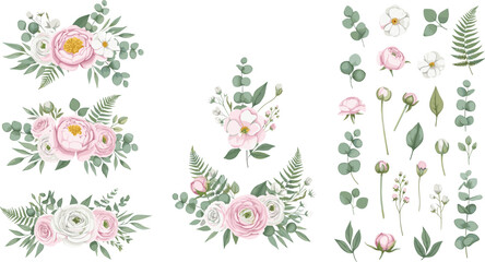 Elegant pink peony and ranunculus floral collection featuring soft watercolor bouquets eucalyptus leaves and botanical elements for romantic wedding invitations and spring greeting card designs © Moshaharul's World