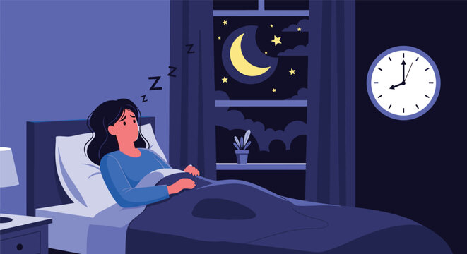 Insomniac young woman lying awake in bed at night looking at the moon and stars through the window with a clock showing 8pm.
