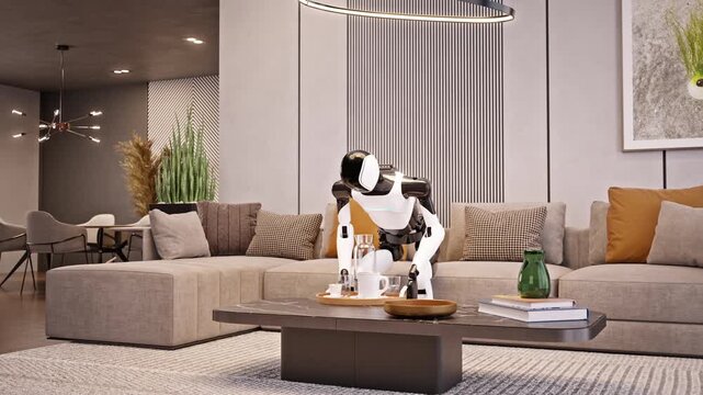 AI-powered humanoid robot cleans an apartment, picking up dirty dishes in a modern living room. Advanced household and housekeeping automation. Future smart home technology. 3d animation rendering