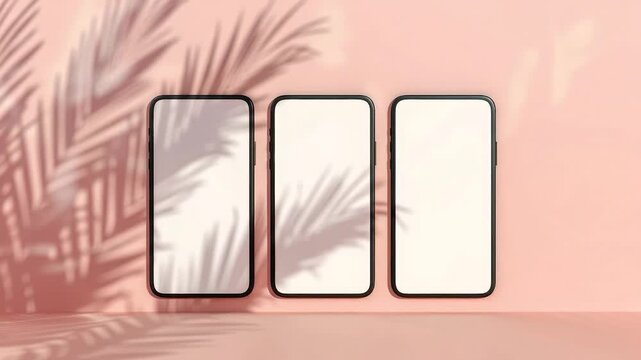 Video Close up of three placed together on a pink surface, ideal for technology or smartphone themed s