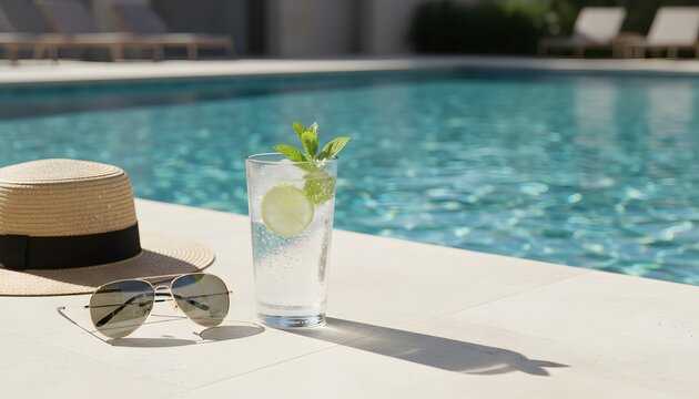Refreshing mojito cocktail with lime and mint on the edge while relaxing by the pool during the peak tourist season concept for luxury summer vacation travel
