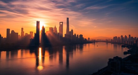 Obraz premium Golden Sunset Over Modern City Skyline Across Calm River
