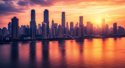 Fototapeta premium Golden Sunset Over Modern City Skyline by River