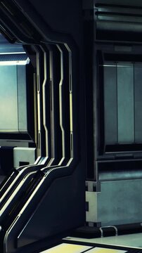 In a dimly lit space, futuristic structures stand tall with sleek, metallic panels and intricate designs. This scene captures the essence of advanced technology blending with artful innovation.