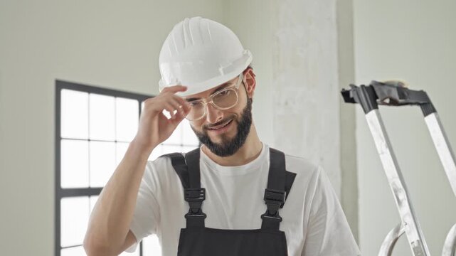 Man in white hard hat and overalls tips hand to brim while smiling, construction worker inside building with ladder visible; confidence work ethic.