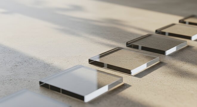 Minimalist composition of clear glass blocks arranged in a diagonal row on a textured surface with strong shadows.