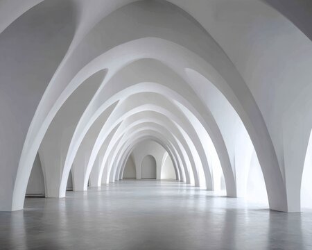 Bright white architectural interior with repeating parabolic arches and a polished concrete floor architecture