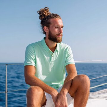 Young caucasian male adult bearded manbun mint polo shirt sitting on bow of yacht against deep blue ocean under sunny sky contemplating voyage