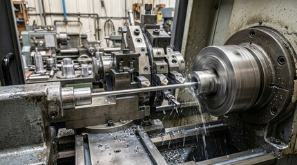 Obraz premium Detailed medium view of a sliding headstock on a Swiss lathe producing slender fasteners emphasizing the precision and speed of automated metal cutting.