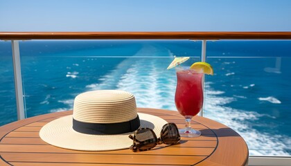 Obraz premium Luxury cruise vacation concept with a summer cocktail, sunglasses, and straw hat on a ship balcony overlooking the ocean during the tourist season
