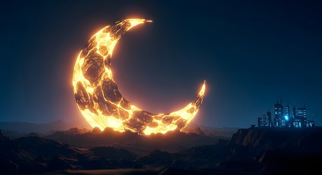 Eid al adha celebration stunning crescent moon fire sculpture for eid mubarak holiday