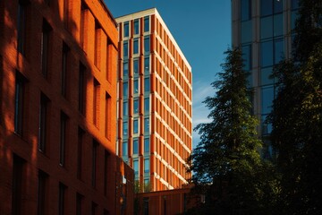 Fototapeta premium Modern brick and glass buildings bathed in warm sunlight
