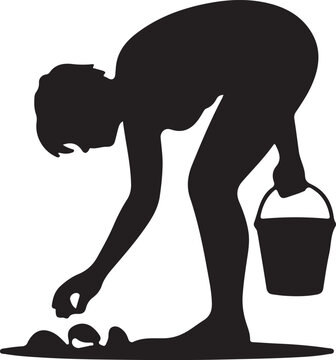 A girl collecting seashells silhouette, Bent-over pose looking at the ground, flat black vector illustration
