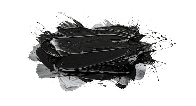 Abstract black paint smear with splatters on white background  artistic expression transparent background