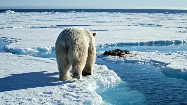 Polar Bear Standing on Ice Looking Towards Open Water in the Arctic Wilderness, A Beautiful Scene