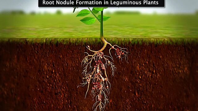 3D animation showing root nodule formation in leguminous plants with rhizobium bacteria symbiosis.
