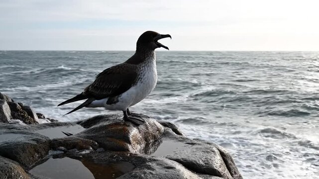 Coastal bird perched on a wet rocky ledge overlooking a choppy ocean with waves and the sky above