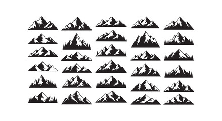 Fototapeta premium Collection of mountain range silhouettes in various styles and sizes, peaks and evergreen trees, rugged natural landscapes, outdoor adventure.