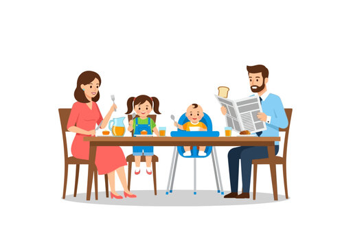 Happy Family with Two Children Having Breakfast Together at Dining Table Vector Illustration