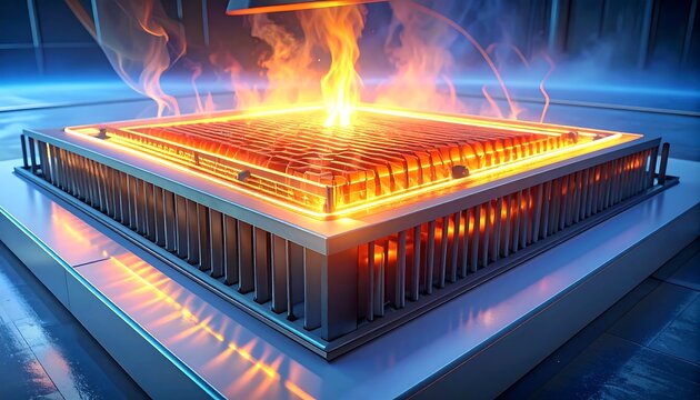 A square grill with glowing embers on a metal platform