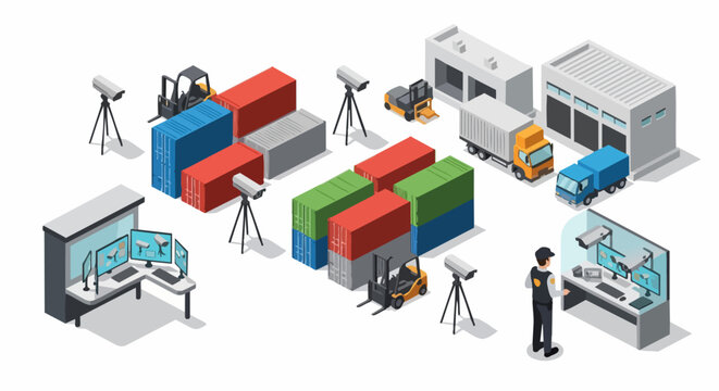 Isometric Logistics Terminal Security and Surveillance System with Shipping Containers, CCTV Cameras, and Monitoring Control Center for Supply Chain Management