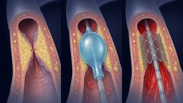 Balloon Angioplasty and Stent Placement Procedure in Artery, 3D Medical Illustration