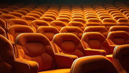 Obraz premium Rows of empty, orange seats illuminated by soft light