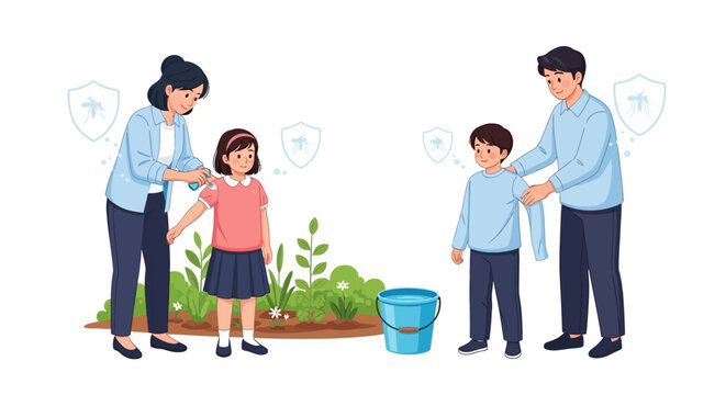 A loving family participates in a mosquito prevention campaign by applying repellent to their children in this flat vector illustration promoting World Malaria Day and malaria awareness